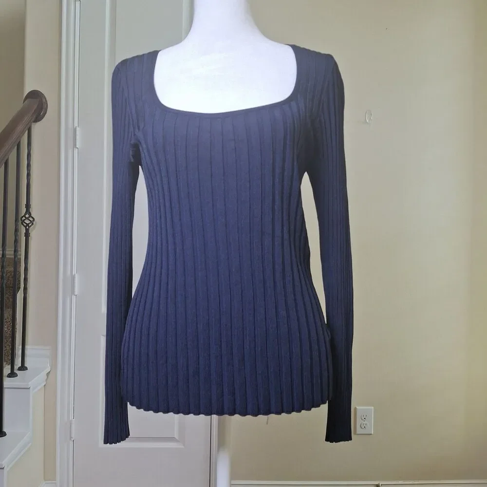 Veronica Beard Clara Ribbed Top Navy M Square Neck Dark Academia Preppy Coquette